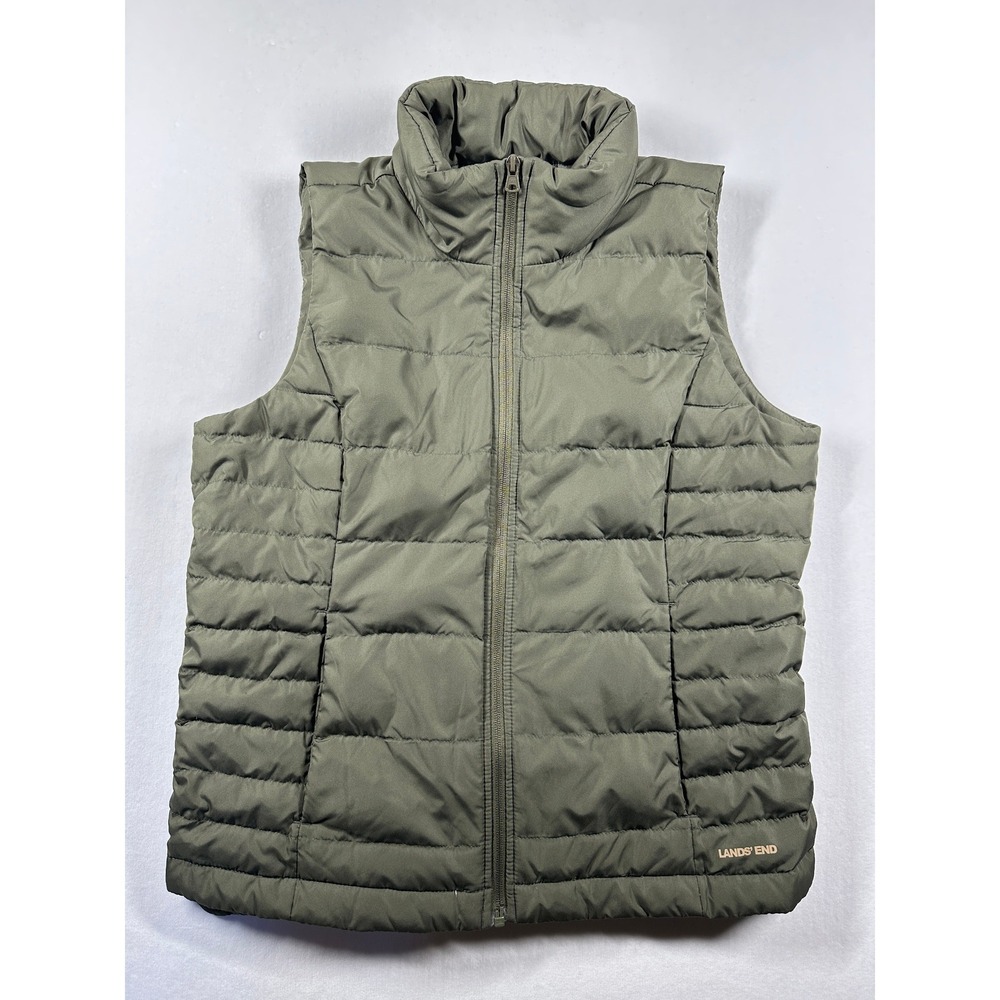 Lands End Down Fill Puffer Vest Womens Sz M (10-12) Sage Green Quilted Full Zip - Picture 2 of 11